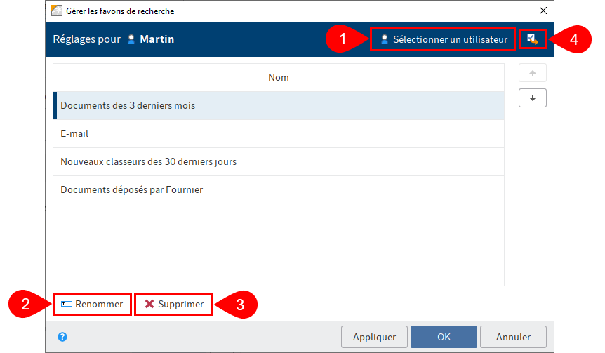 Fonction 'Gérer les favoris de recherche'