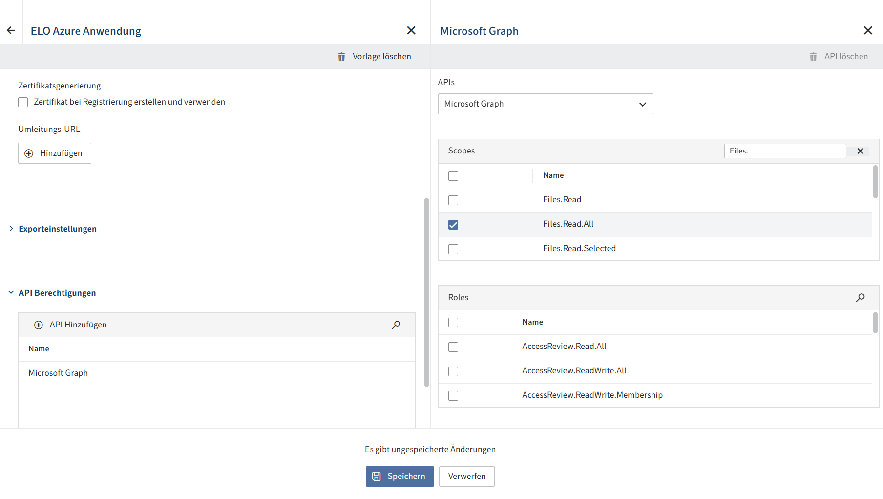 ELO Azure Administration; Konfigurationsbereich der neuen Anwendung; Einstellungen zu API-Berechtigungen für Microsoft Graph