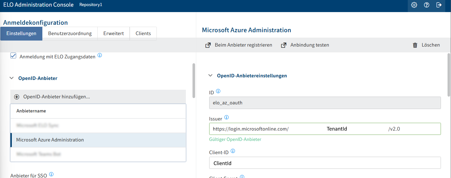 Konfigurationsbereich von ELO Modern Authentication; Profil für 'Microsoft Azure Administration' als OpenID-Anbieter