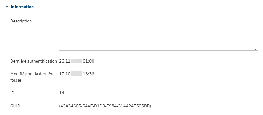 Section 'Information' dans l'onglet 'Réglages de base' pour les utilisateurs