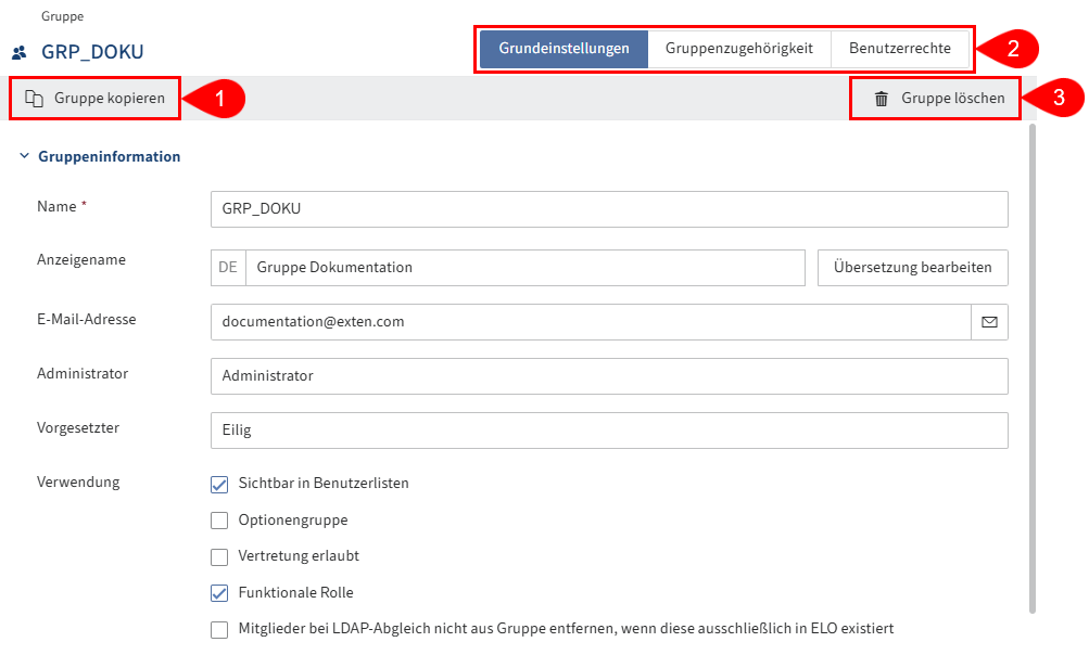Detailansicht 'Gruppe' in der ELO Administration Console