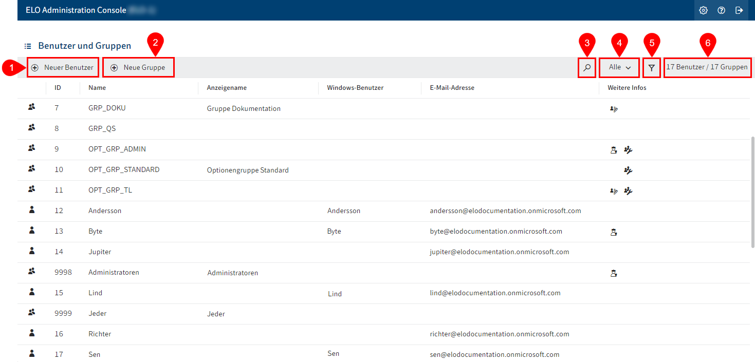 Übersicht des Bereichs 'Benutzer- und Gruppenverwaltung' in der ELO Administration Console