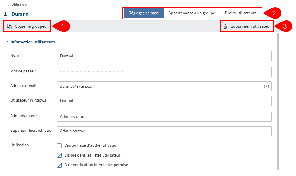 Affichage de détails 'Utilisateur' dans la console d'administration ELO
