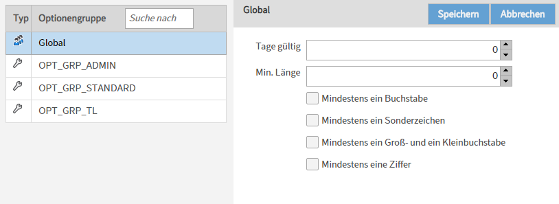Menüpunkt 'Passwortregeln'