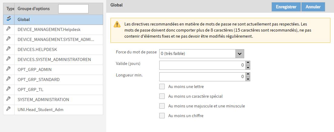 Section 'Règles pour les mots de passe' 