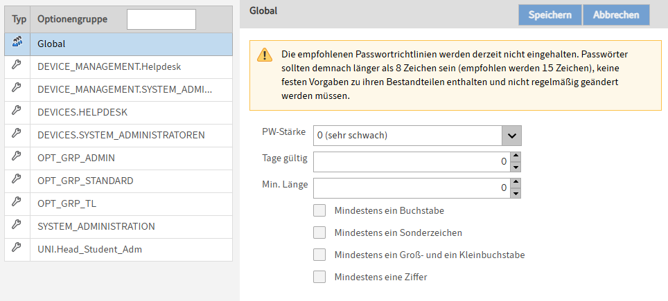 Bereich 'Passwortregeln'