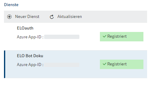 ELO Azure Administration; registrierte Dienste