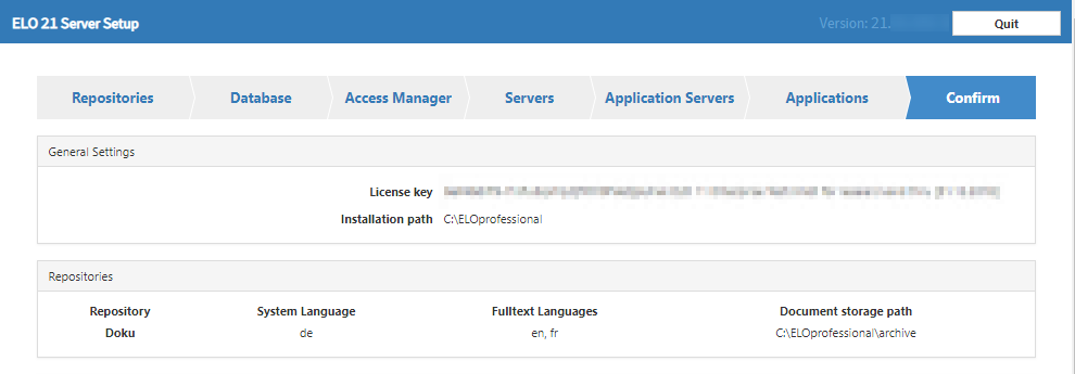ELO Server Setup; Tab 'Confirm'