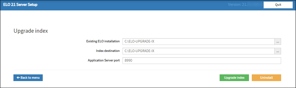 ELO Server Setup; Upgrade Index