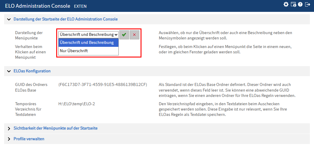 Einstellung im Bearbeitungsmodus mit geöffnetem Drop-down-Menü