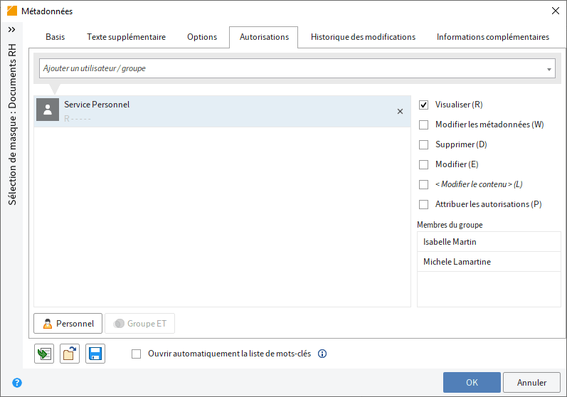 Définir l'autorisation 'Visualiser' pour le service RH