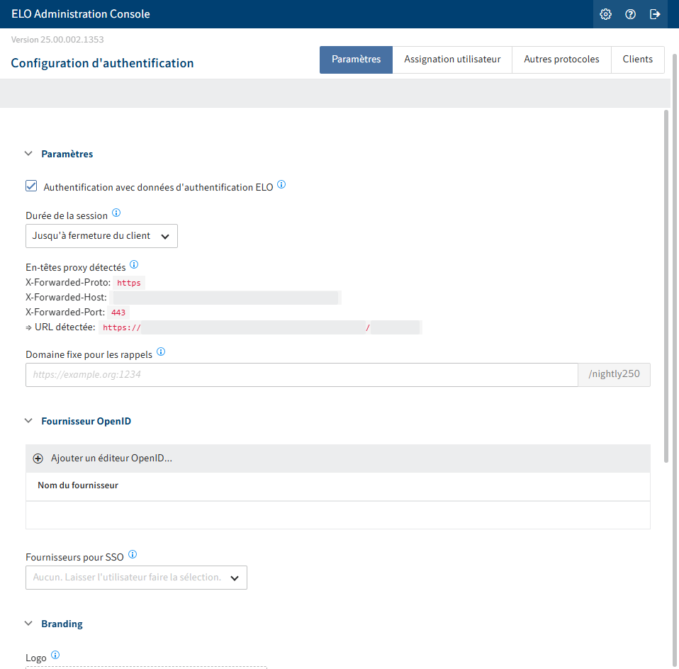 Page de configuration ELO Modern Authentication, section 'Configuration d'authentification' avec plusieurs champs.