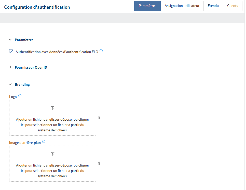 Page pour la configuration de ELO Modern Authentification