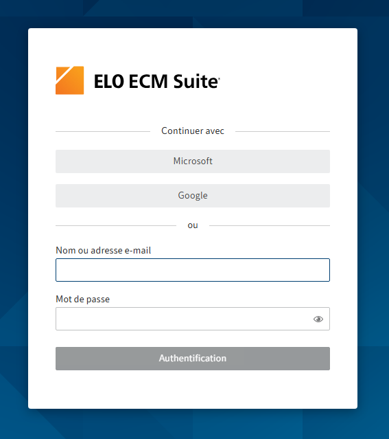 Dialogue d'authentification ELO avec ELO Modern Authentication : bouton pour l'authentification avec Microsoft ainsi que des champs pour le nom utilisateur et le mot de passe pour l'authentification dans ELO