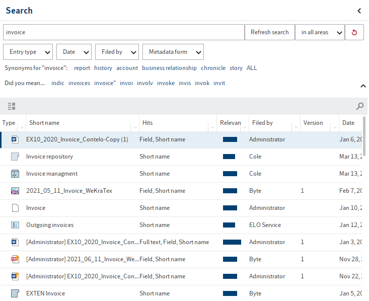 Table view in the results list
