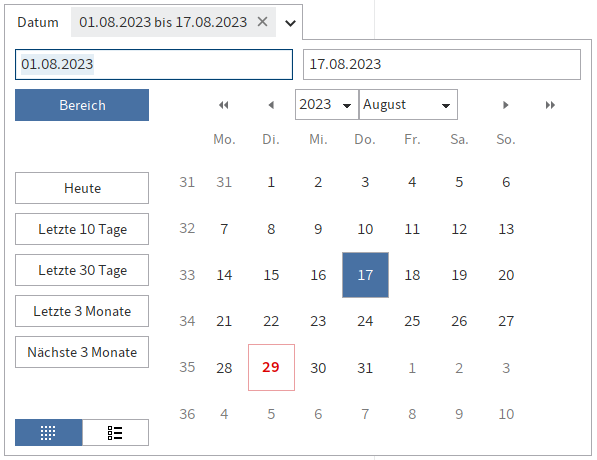 Ausgewählter Zeitraum im Kalender