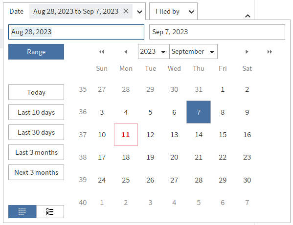 Time range selected in the calendar