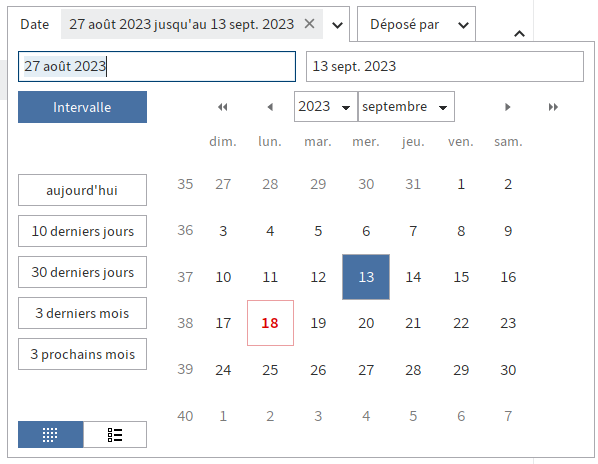 Période sélectionnée dans le calendrier