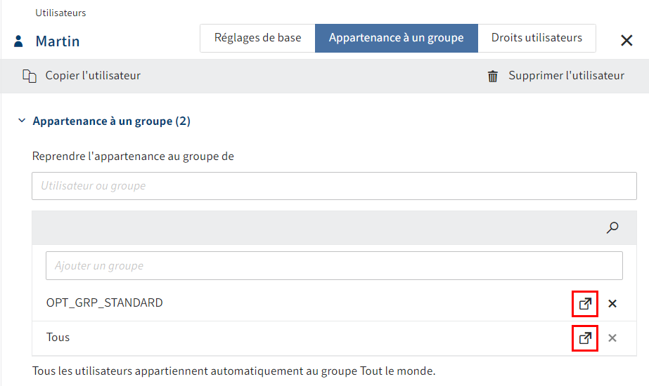 Symbole de liens dans l'onglet 'Appartenance à un groupe'