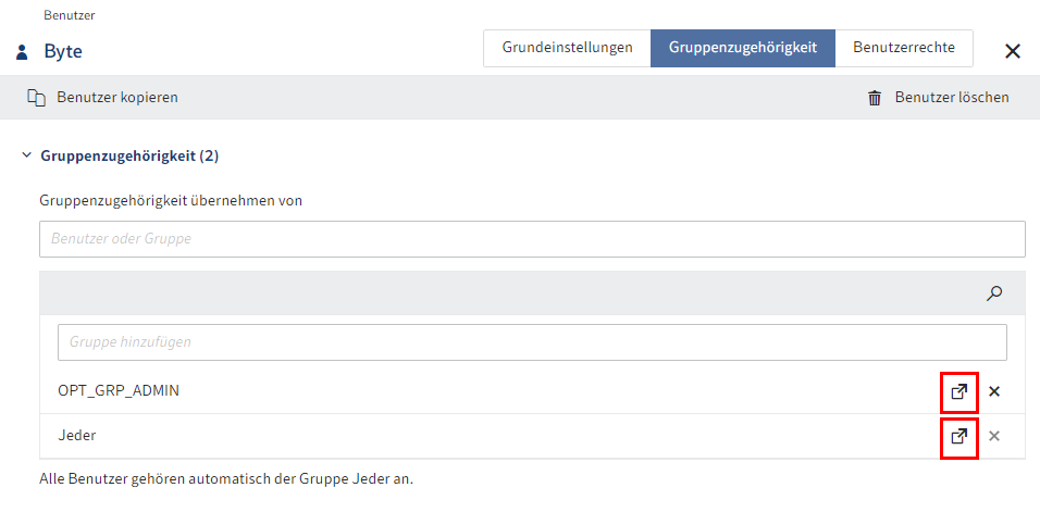 Linksymbole im Tab 'Gruppenzugehörigkeit'