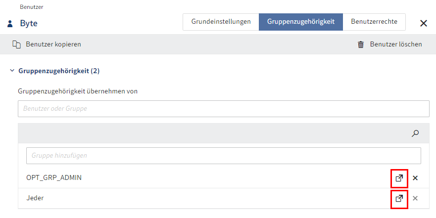Linksymbole im Tab 'Gruppenzugehörigkeit'
