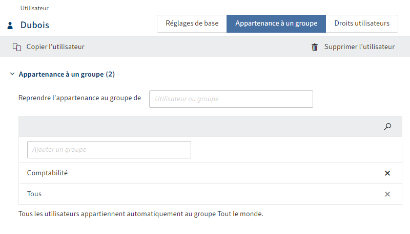 Aperçu des possibilités de configuration dans l'onglet 'Appartenance au groupe'