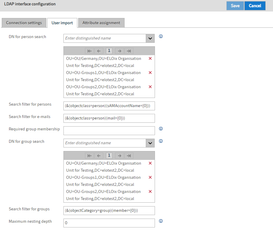 'User import' tab