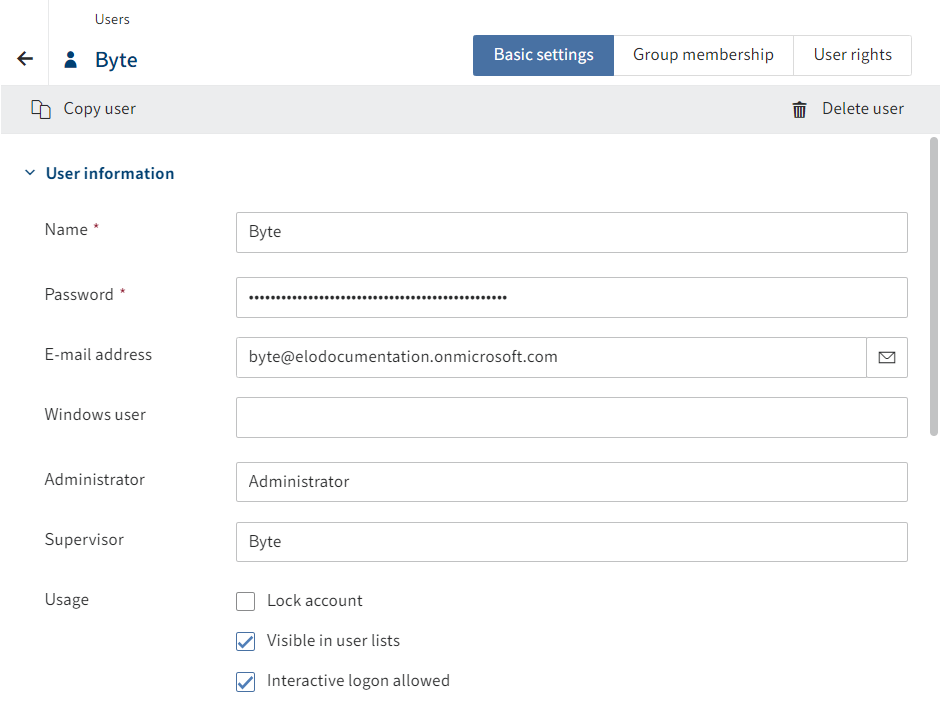 'User information' area on the 'Basic settings' tab for users
