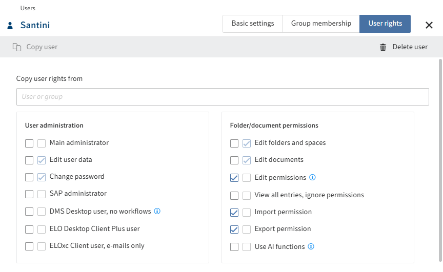 Overview of configuration options in the 'User rights' tab