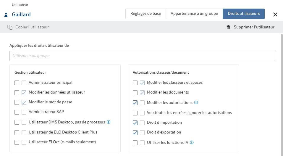 Aperçu des possibilités de configuration dans l'onglet 'Droits utilisateurs'