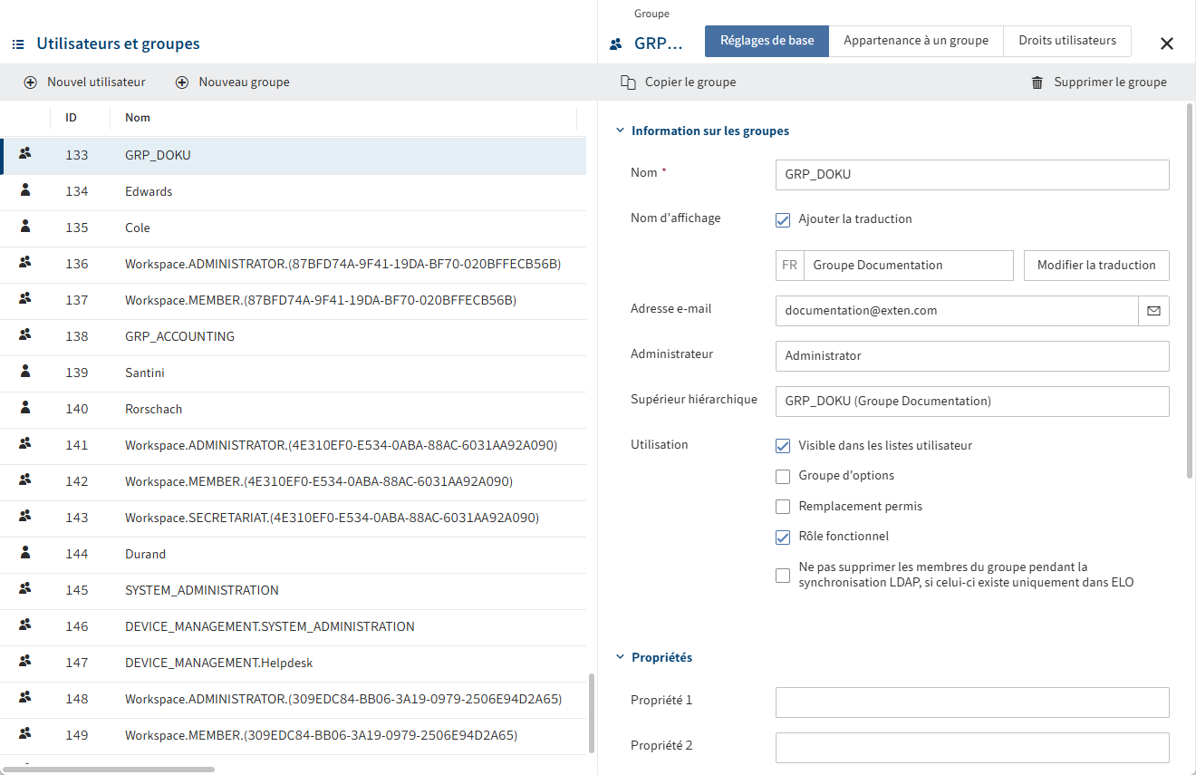 Section 'Gestion des groupes'