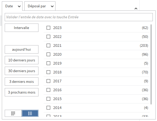 Aperçu de l'année sous forme de liste