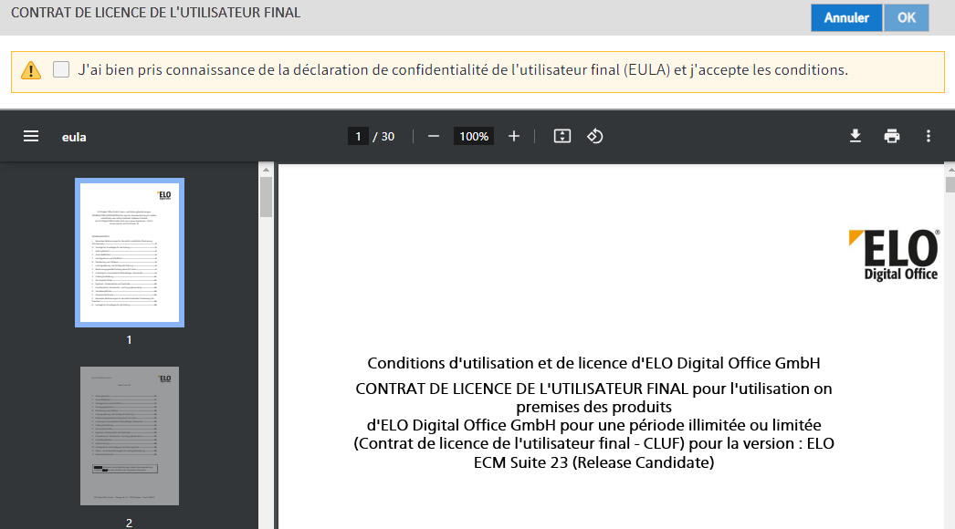 Page avec contrat de licence pour l'utilisateur final