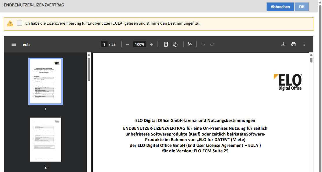 Seite mit Lizenzvereinbarung für Endbenutzer