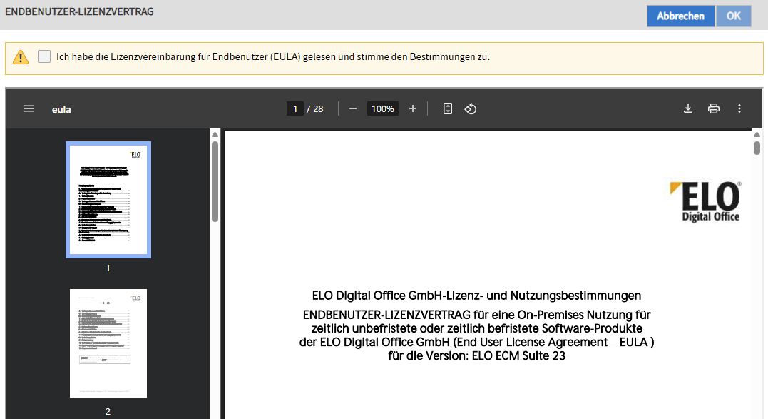 Seite mit Lizenzvereinbarung für Endbenutzer
