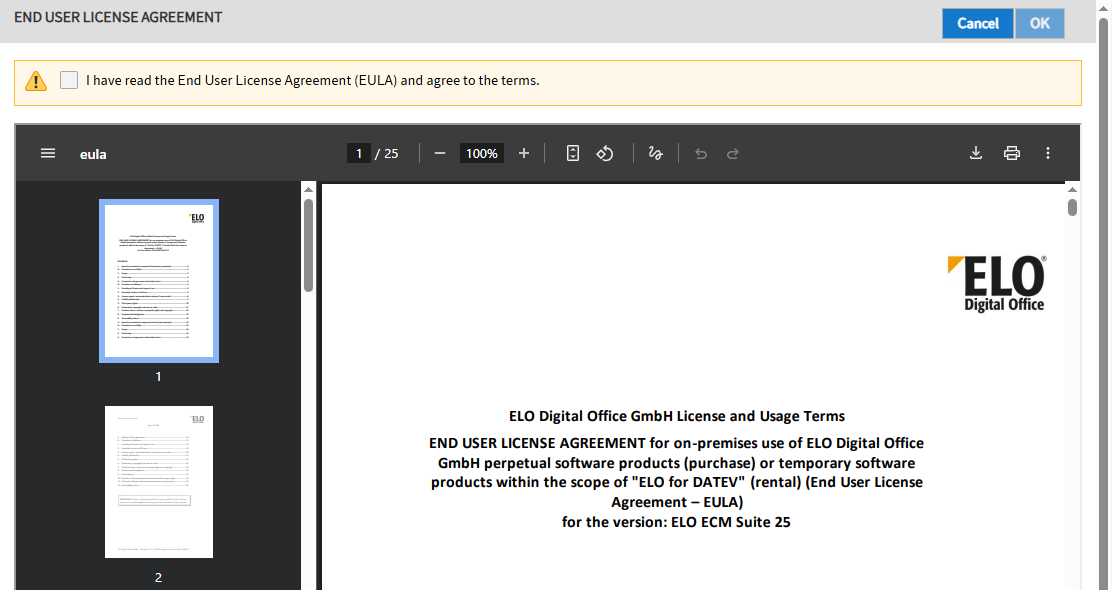 Page with end user license agreement