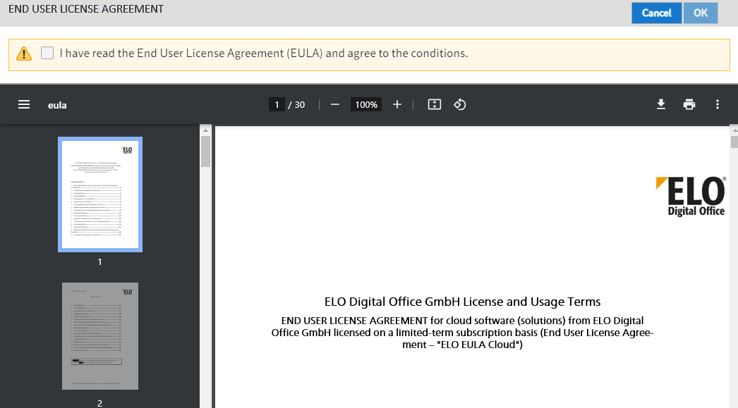 Page with end user license agreement