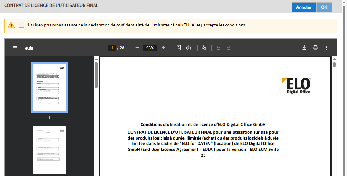 Page avec contrat de licence pour l'utilisateur final