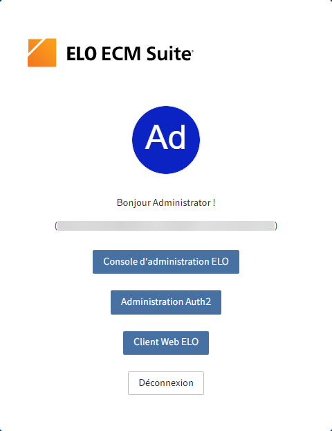 Page de sélection avec le bouton 'Auth2Administration'