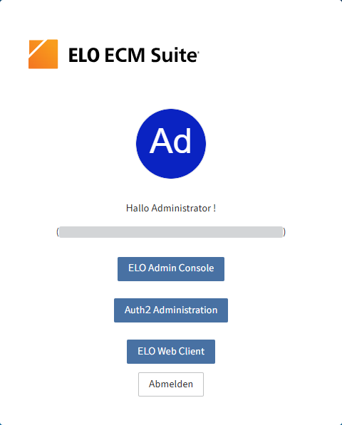 Auswahlseite mit Button 'Auth2Administration'