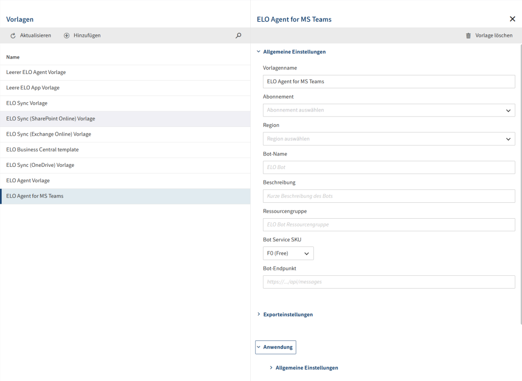 Konfigurationsbereich einer neuen Vorlage für ELO Azure Agents
