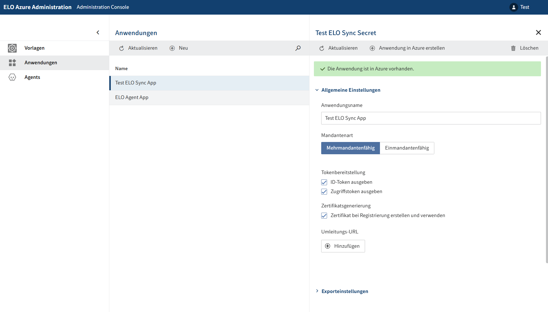 Neue Anwendung in ELO Azure Administration; Erfolgsmeldung über Anlegen der Anwendung in Microsoft Azure