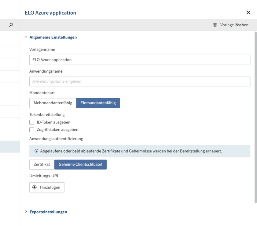 Konfigurationsbereich einer neuen Vorlage für ELO Azure Anwendungen