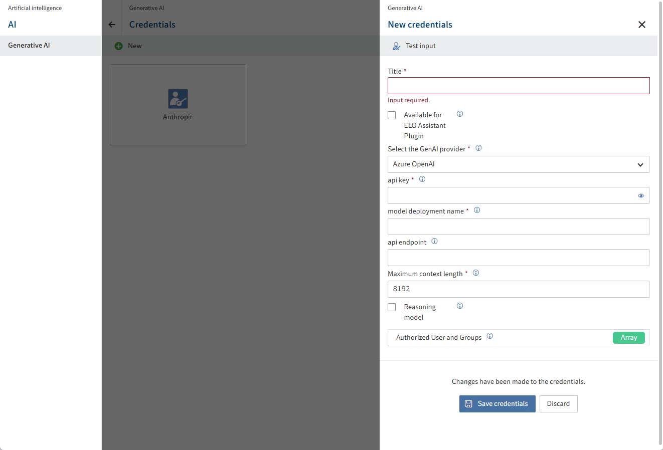 'Artificial intelligence' menu item; 'Generative AI' area; 'New credentials' configuration area