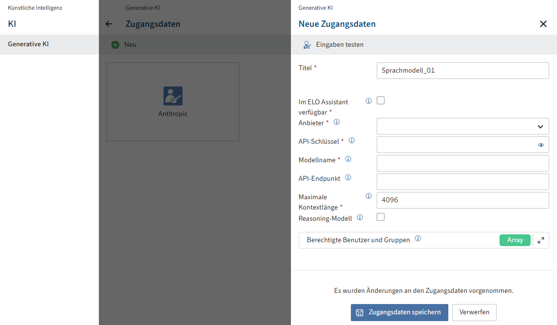 Menüpunkt 'Künstliche Intelligenz'; Bereich 'Generative KI'; Konfigurationsbereich 'Neue Zugangsdaten'
