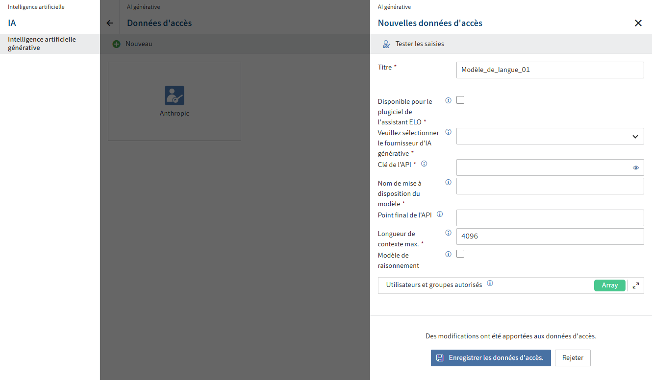 Point de menu 'Intelligence artificielle', section 'AI générative'; section de configuration 'Nouveau données d'accès'