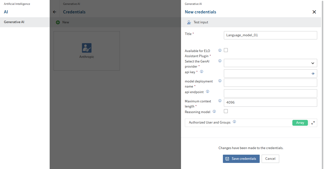 'Artificial intelligence' menu item; 'Generative AI' area; 'New credentials' configuration area