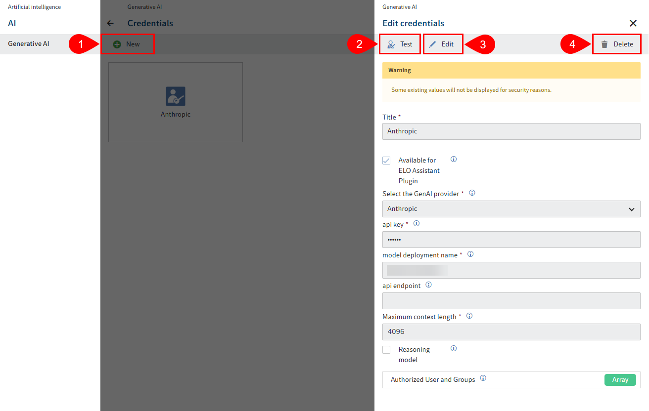 'Artificial intelligence' menu item; 'Generative AI' area; configuration area for credentials