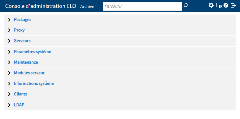 Section de menu, point de menu fermés de la console d'administration ELO