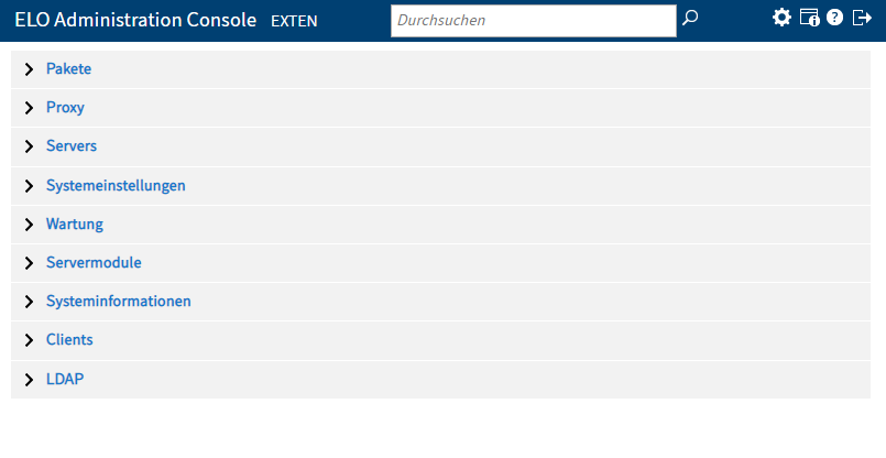 Menübereich; zugeklappte Menüpunkte der ELO Administration Console